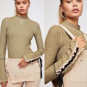 Free People Long Sleeve Lace Up Top Olive Green Size Small Thermal Statement